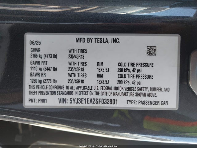 Aukcja sprzedaży 2025 Tesla Model 3 Long Range Rear-wheel Drive/standard Rear-wheel Drive, vin: 5YJ3E1EA2SF032801, numer aukcji: 44720931