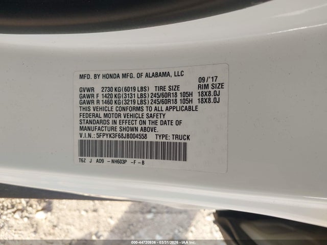 Honda Ridgeline Rtl-t 2018 5FPYK3F68JB004558 Image 9