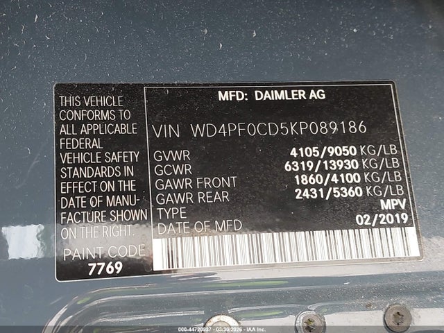 Продаж на аукціоні авто 2019 Mercedes-benz Sprinter 2500 High Roof V6, vin: WD4PF0CD5KP089186, номер лоту: 44720937