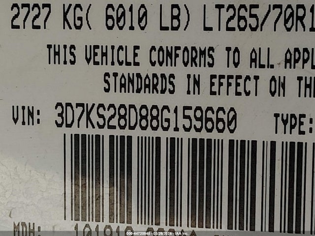 44720945 :رقم المزاد ، 3D7KS28D88G159660 vin ، 2008 Dodge Ram 2500 Slt/power Wagon مزاد بيع