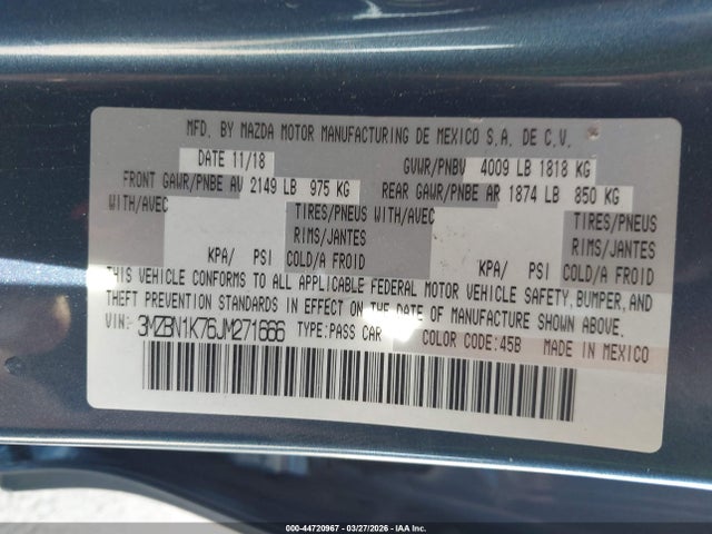 Продаж на аукціоні авто 2018 Mazda Mazda3 Sport, vin: 3MZBN1K76JM271666, номер лоту: 44720967