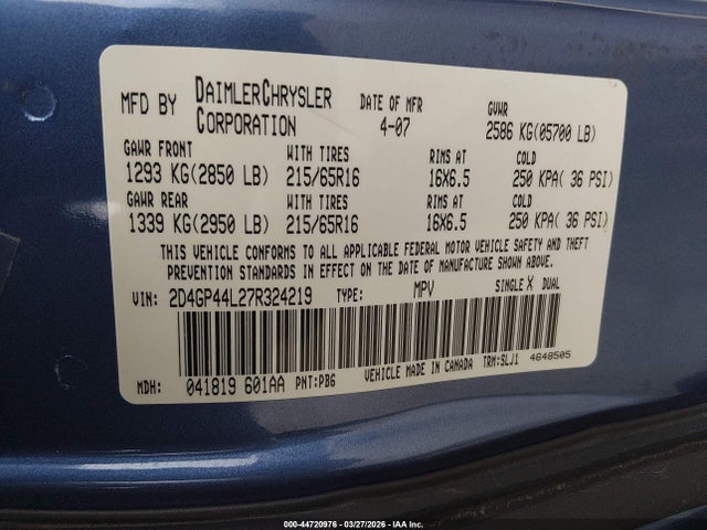 Продажа на аукционе авто 2007 Dodge Grand Caravan Sxt, vin: 2D4GP44L27R324219, номер лота: 44720976