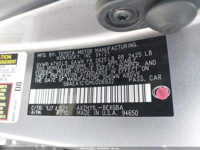 44720987 :رقم المزاد ، 58AEA1C10MU006932 vin ، 2021 Lexus Es 300h Luxury مزاد بيع