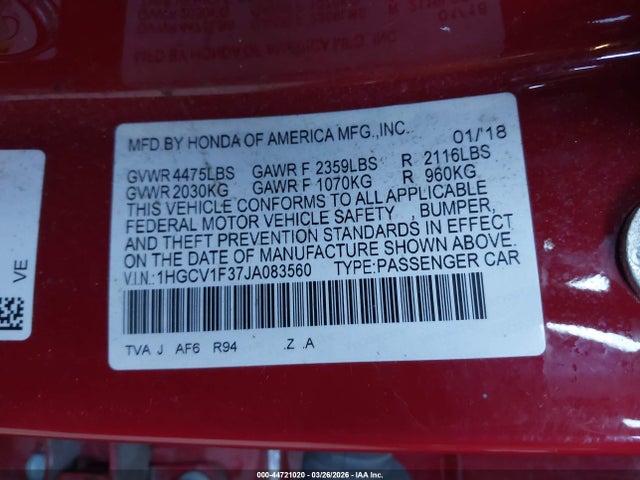44721020 :رقم المزاد ، 1HGCV1F37JA083560 vin ، 2018 Honda Accord Sport مزاد بيع