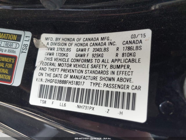 2HGFG3B88FH518017 Honda CIVIC EX