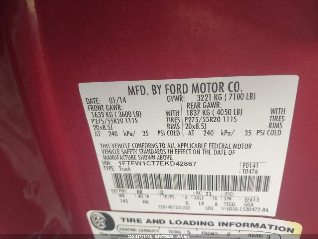 Ford F-150 Lariat 2014 1FTFW1CT7EKD42867 Image 9