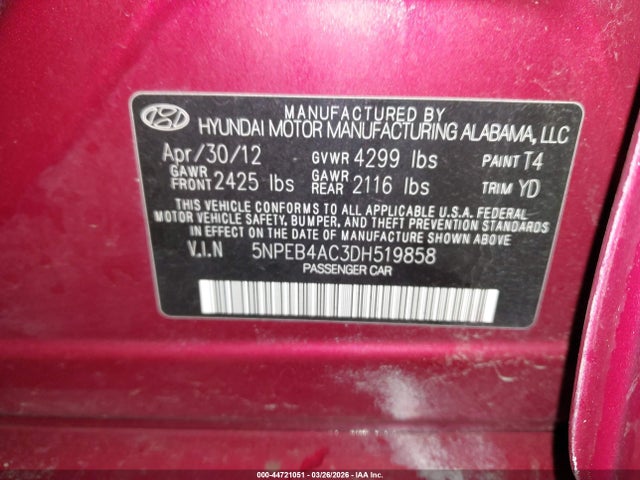 44721051 :رقم المزاد ، 5NPEB4AC3DH519858 vin ، 2013 Hyundai Sonata Gls مزاد بيع
