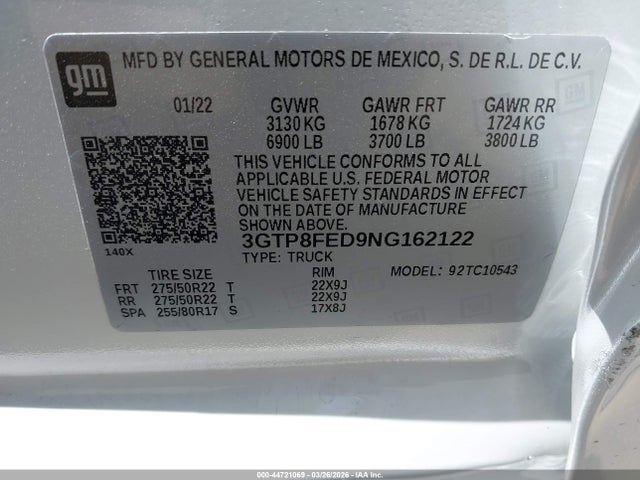 Продаж на аукціоні авто 2022 Gmc Sierra 1500 Limited 2wd  Short Box Denali, vin: 3GTP8FED9NG162122, номер лоту: 44721069