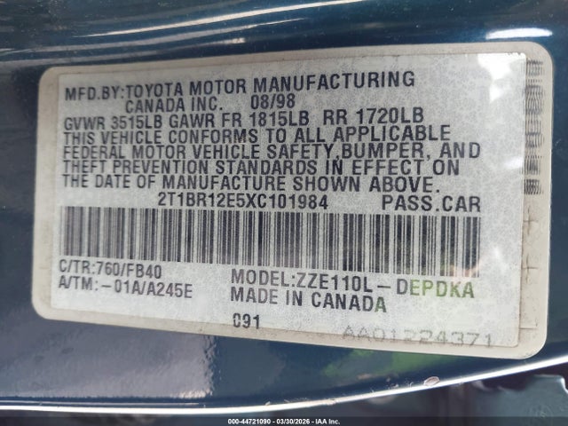 1999 TOYOTA COROLLA 2T1BR12E5XC101984 Photo 8