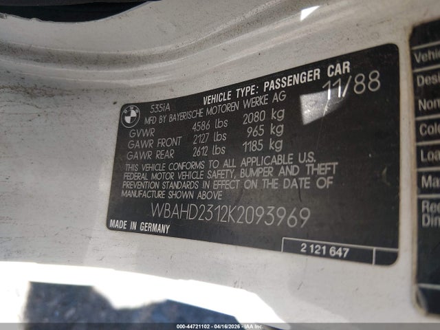 Aukcja sprzedaży 1989 Bmw 535 I Automatic, vin: WBAHD2312K2093969, numer aukcji: 44721102