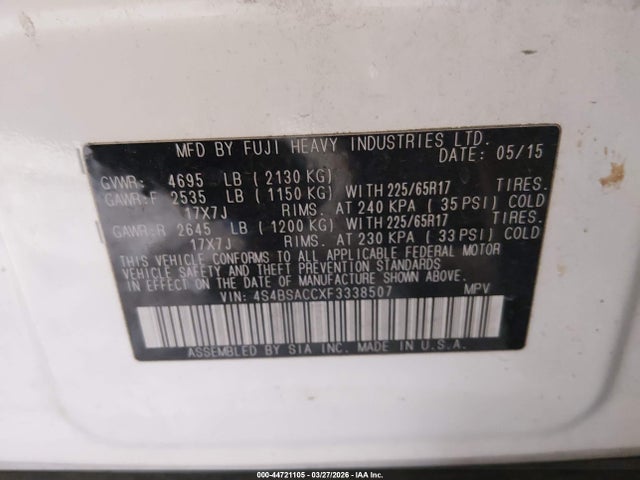 2015 Subaru Outback 2.5i Premium მანქანა იყიდება აუქციონზე, vin: 4S4BSACCXF3338507, აუქციონის ნომერი: 44721105
