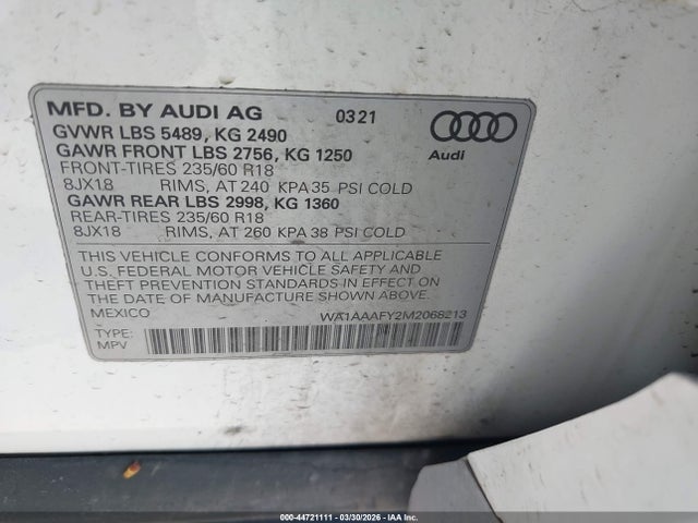 Aukcja sprzedaży 2021 Audi Q5 Premium 45 Tfsi Quattro S Tronic, vin: WA1AAAFY2M2068213, numer aukcji: 44721111