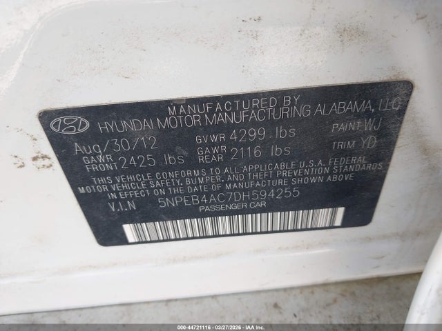 Aukcja sprzedaży 2013 Hyundai Sonata Gls, vin: 5NPEB4AC7DH594255, numer aukcji: 44721116