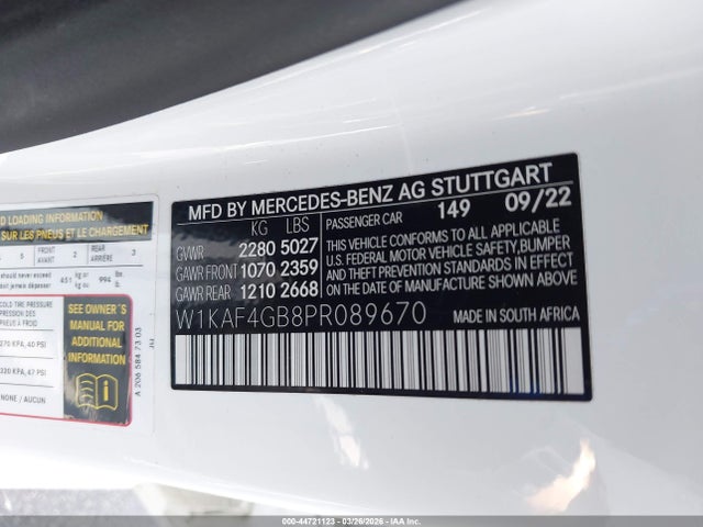 44721123 :رقم المزاد ، W1KAF4GB8PR089670 vin ، 2023 Mercedes-benz C 300 Sedan مزاد بيع