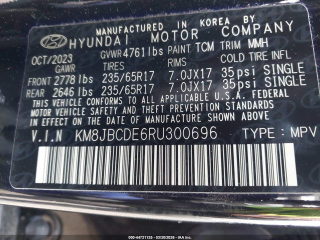 44721125 :رقم المزاد ، KM8JBCDE6RU300696 vin ، 2024 Hyundai Tucson Sel مزاد بيع
