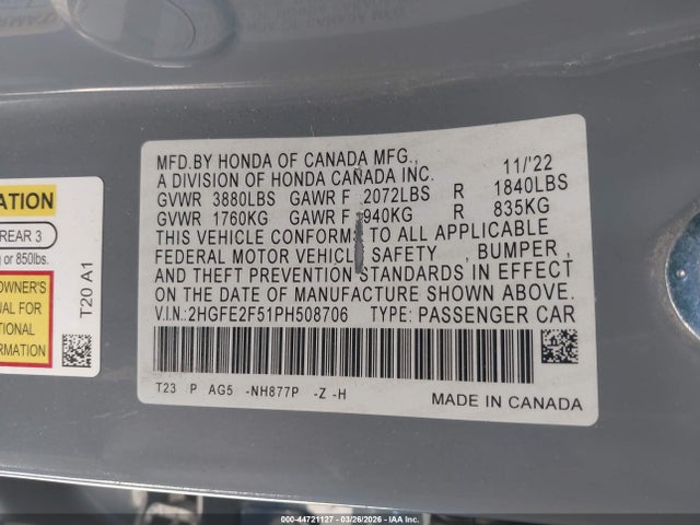 2HGFE2F51PH508706 Honda Civic Sport