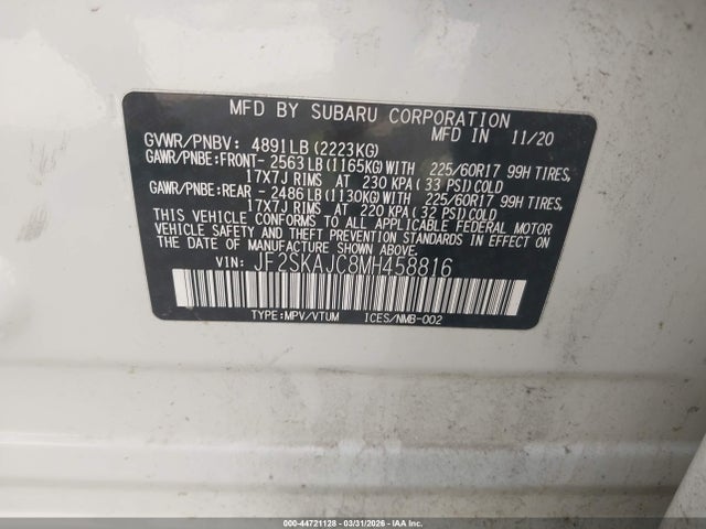 Aukcja sprzedaży 2021 Subaru Forester Premium, vin: JF2SKAJC8MH458816, numer aukcji: 44721128