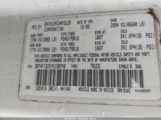 44721131 :رقم المزاد ، 3B7HF13ZXYG158046 vin ، 2000 Dodge Ram 1500 St مزاد بيع