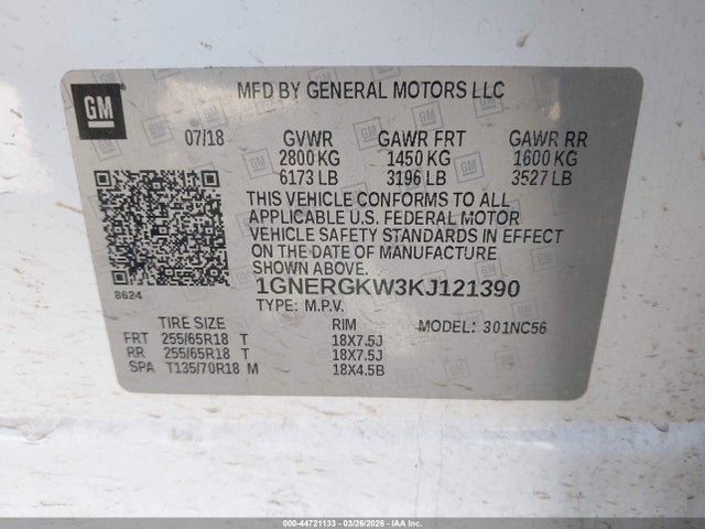 Aukcja sprzedaży 2019 Chevrolet Traverse 1lt, vin: 1GNERGKW3KJ121390, numer aukcji: 44721133