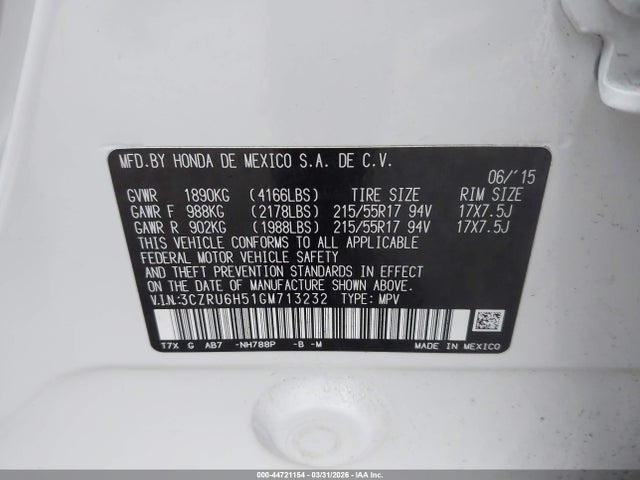44721154 :رقم المزاد ، 3CZRU6H51GM713232 vin ، 2016 Honda Hr-v Ex مزاد بيع