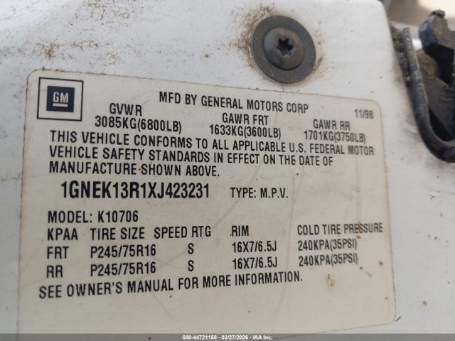 1999 CHEVROLET TAHOE 1GNEK13R1XJ423231 Photo 8