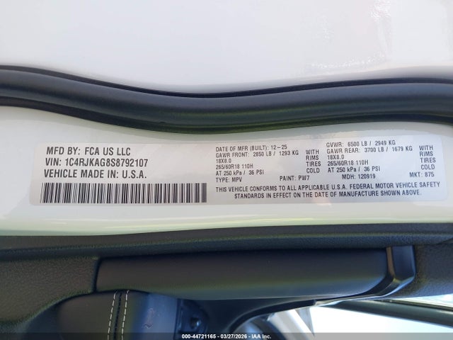 44721165 :رقم المزاد ، 1C4RJKAG8S8792107 vin ، 2025 Jeep Grand Cherokee L Laredo 4x4 مزاد بيع