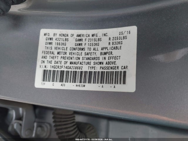 2016 Honda Accord Ex მანქანა იყიდება აუქციონზე, vin: 1HGCR2F74GA208682, აუქციონის ნომერი: 44721176