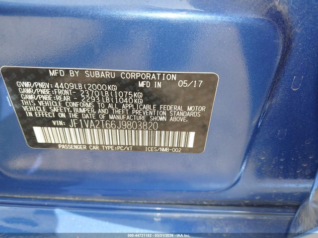 Продажа на аукционе авто 2018 Subaru Wrx Sti Limited, vin: JF1VA2T66J9803820, номер лота: 44721182