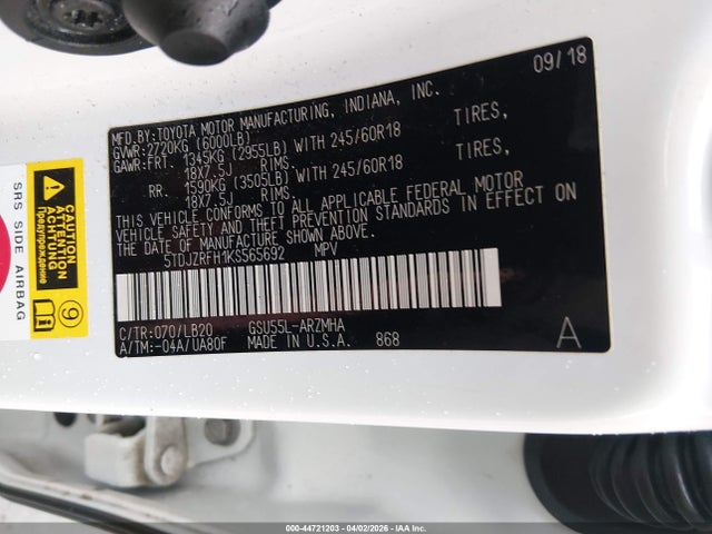 5TDJZRFH1KS565692 Toyota Highlander Xle