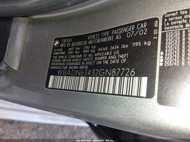 44721229 :رقم المزاد ، WBADN63432GN87726 vin ، 2002 Bmw 540ia مزاد بيع