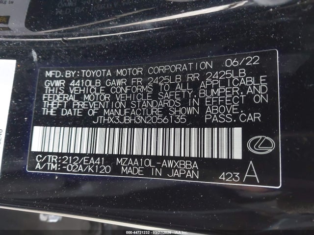 Aukcja sprzedaży 2022 Lexus Ux 200, vin: JTHX3JBH3N2056135, numer aukcji: 44721232
