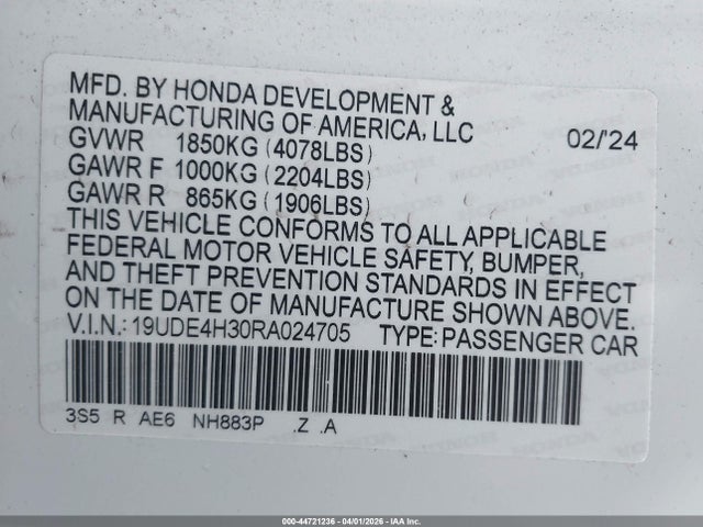 2024 Acura Integra A-spec მანქანა იყიდება აუქციონზე, vin: 19UDE4H30RA024705, აუქციონის ნომერი: 44721236