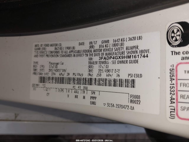 44721242 :رقم المزاد ، 3FADP4GX9HM161744 vin ، 2017 Ford Fiesta St مزاد بيع