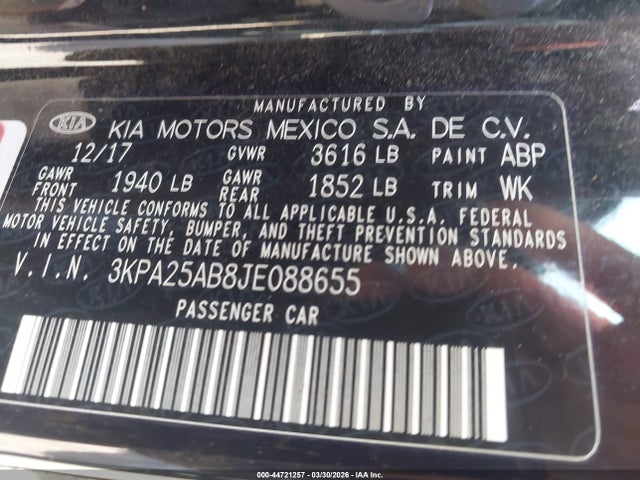 44721257 :رقم المزاد ، 3KPA25AB8JE088655 vin ، 2018 Kia Rio Lx مزاد بيع
