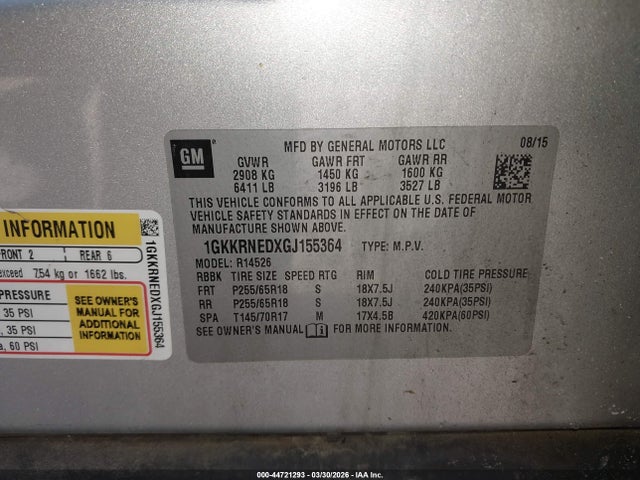 44721293 :رقم المزاد ، 1GKKRNEDXGJ155364 vin ، 2016 Gmc Acadia Sle-1 مزاد بيع