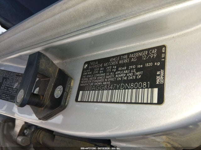 44721298 :رقم المزاد ، WBAGG8347YDN80081 vin ، 2000 Bmw 740ia مزاد بيع