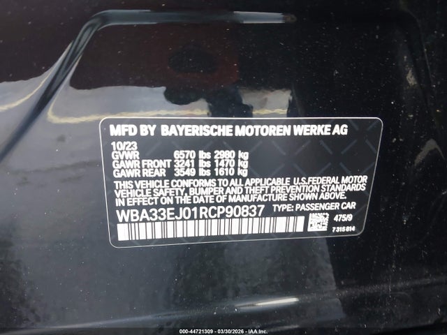 Aukcja sprzedaży 2024 Bmw 760i Xdrive, vin: WBA33EJ01RCP90837, numer aukcji: 44721309