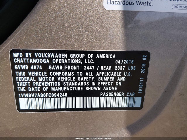44721327 :رقم المزاد ، 1VWBV7A30FC094249 vin ، 2015 Volkswagen Passat 2.0l Tdi Se مزاد بيع