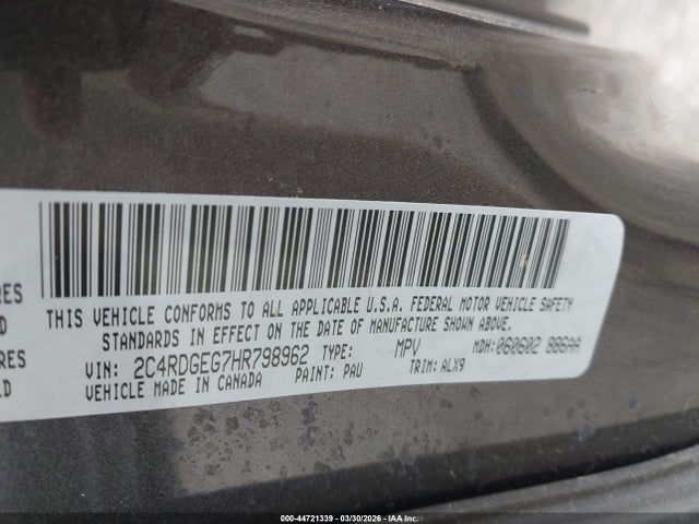 44721339 :رقم المزاد ، 2C4RDGEG7HR798962 vin ، 2017 Dodge Grand Caravan Gt مزاد بيع