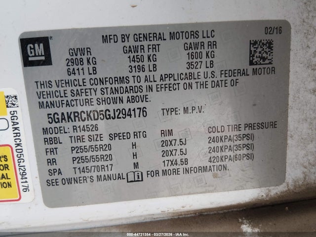 2016 Buick Enclave Premium მანქანა იყიდება აუქციონზე, vin: 5GAKRCKD5GJ294176, აუქციონის ნომერი: 44721354