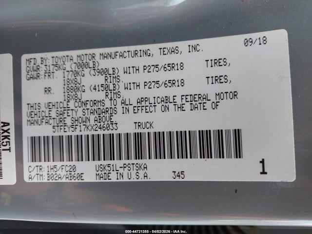 5TFEY5F17KX246033 Toyota Tundra Sr5 5.7l V8