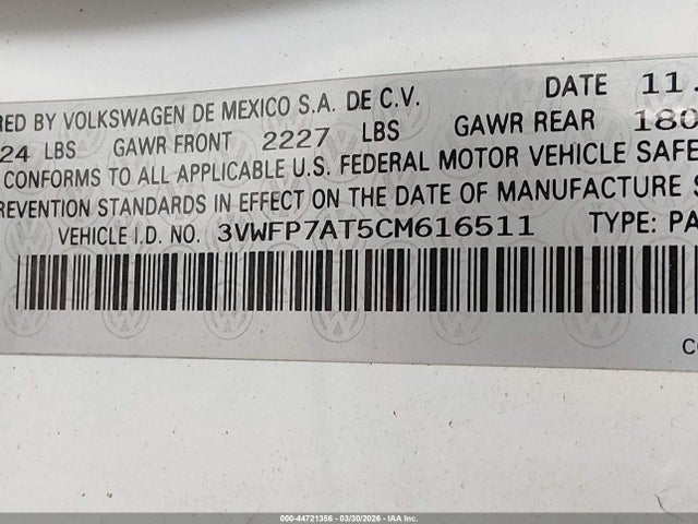 44721356 :رقم المزاد ، 3VWFP7AT5CM616511 vin ، 2012 Volkswagen Beetle Entry مزاد بيع