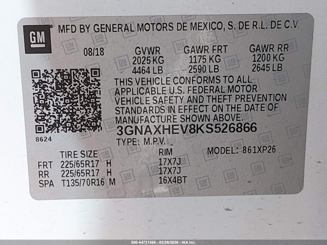 3GNAXHEV8KS526866 Chevrolet EQUINOX LS