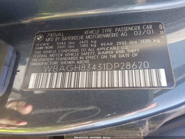 44721373 :رقم المزاد ، WBAGH83431DP28620 vin ، 2001 Bmw 740il مزاد بيع