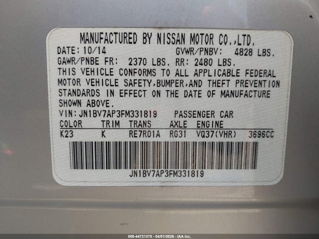 Aukcja sprzedaży 2015 Infiniti Q50 Premium, vin: JN1BV7AP3FM331819, numer aukcji: 44721375