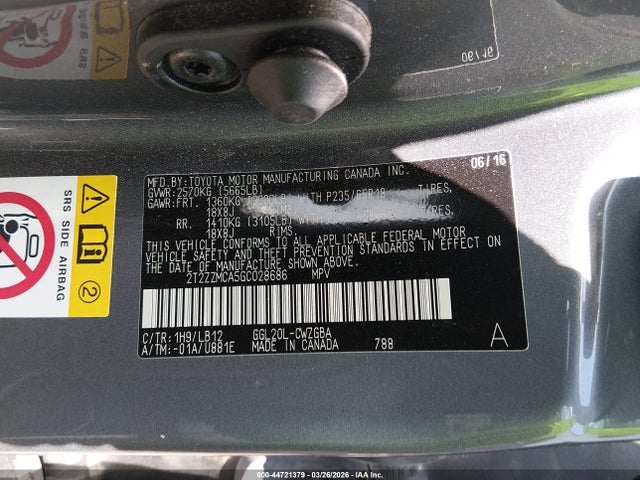 44721379 :رقم المزاد ، 2T2ZZMCA5GC028686 vin ، 2016 Lexus Rx 350 مزاد بيع