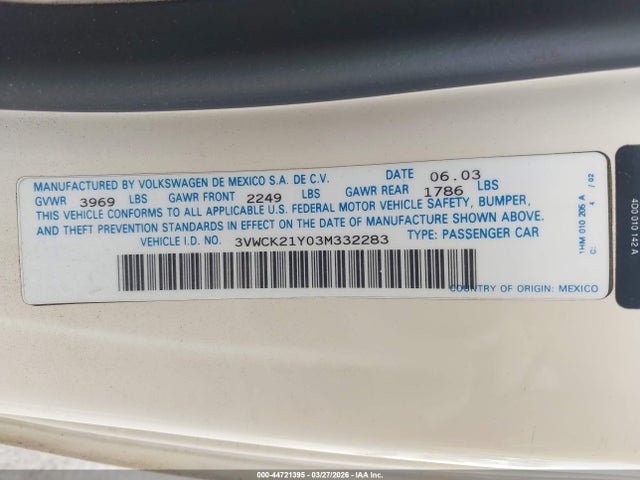 44721395 :رقم المزاد ، 3VWCK21Y03M332283 vin ، 2003 Volkswagen New Beetle Gls مزاد بيع