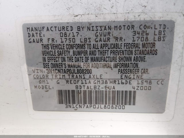 Auction sale of the 2018 Nissan Versa 1.6 Sv, vin: 3N1CN7AP0JL808200, lot number: 44721401