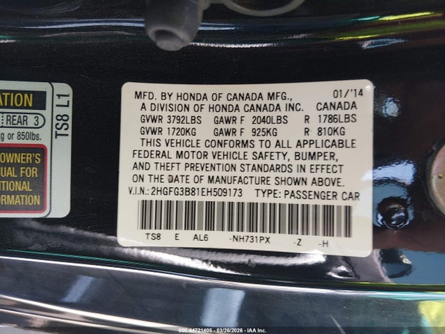 Honda CIVIC EX 2014 2HGFG3B81EH509173 Image 9
