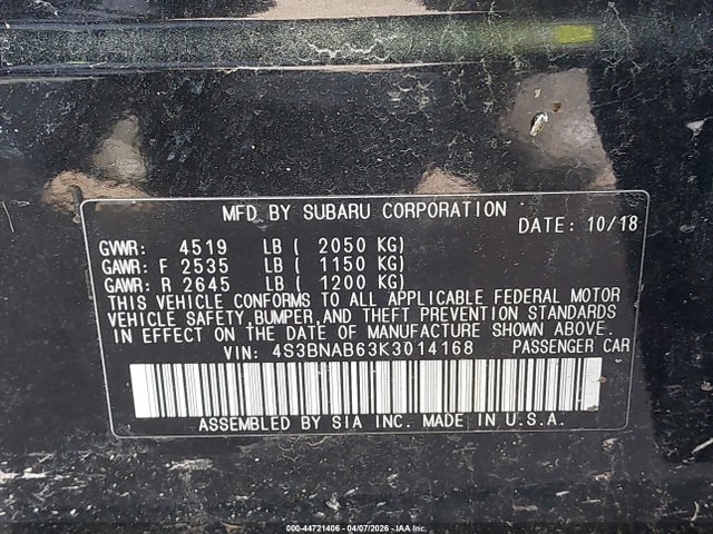 2019 Subaru Legacy 2.5i მანქანა იყიდება აუქციონზე, vin: 4S3BNAB63K3014168, აუქციონის ნომერი: 44721406